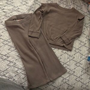 Ribbed Taupe Knit Top and Pants Set
